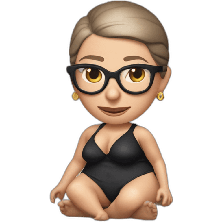 sexy ruth bader ginsburg wearing string bikini with hole in crotchless bikini bottoms bare chest acting out that scene from basic instinct (full body, ios17, sitting legs apart) emoji