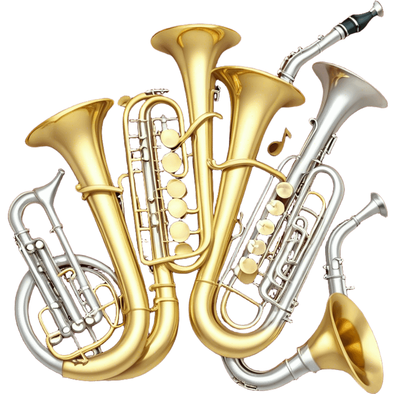 Create a festive and elegant emoji collage featuring a bouquet or fan of brass instrument bells (trumpets, saxophones, trombones, etc.) arranged in a radiant, symmetrical pattern. The instruments should have polished, golden and silver finishes, with their large, shiny bells forming a beautiful, fan-like display. Include a flowing ribbon of musical notes swirling through the center, conveying movement and melody. The background should feature a deep red velvet texture, adding a touch of luxury and sophistication. The overall composition should be balanced, with an elegant and regal feel, with a transparent background to keep focus on the instruments and musical elements. emoji