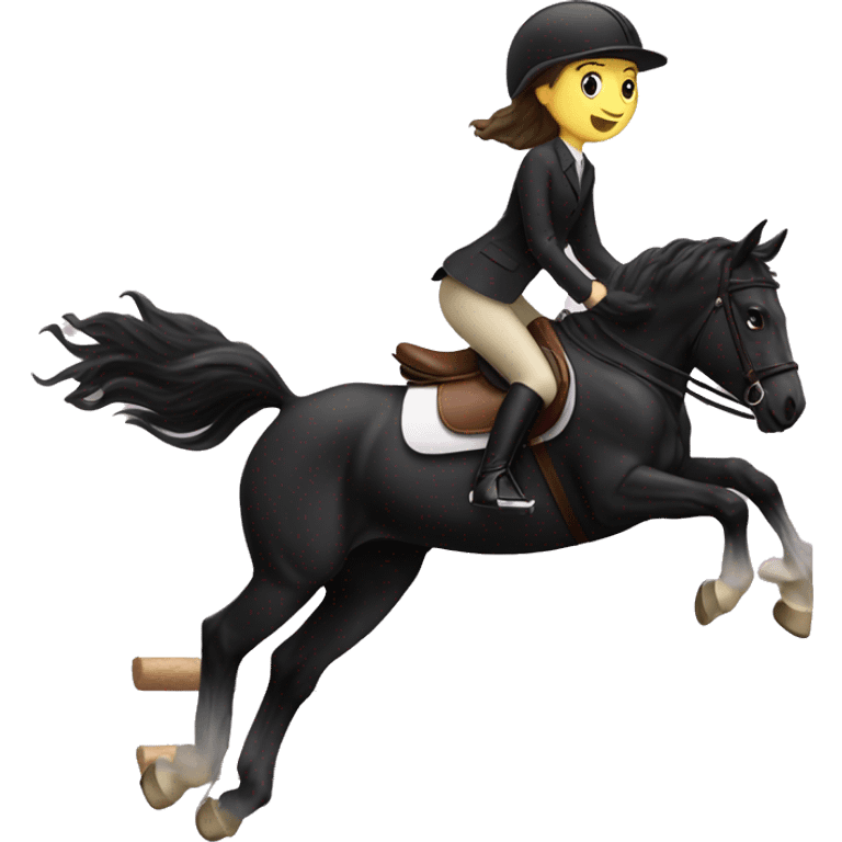 Girl riding black horse over a jump in an English saddle emoji