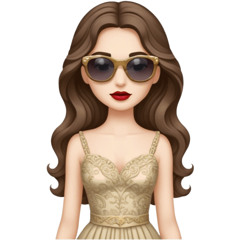 a pale brunette girl with elaborate makeup and dress, long wavy hair, wearing sunglasses, confident emoji