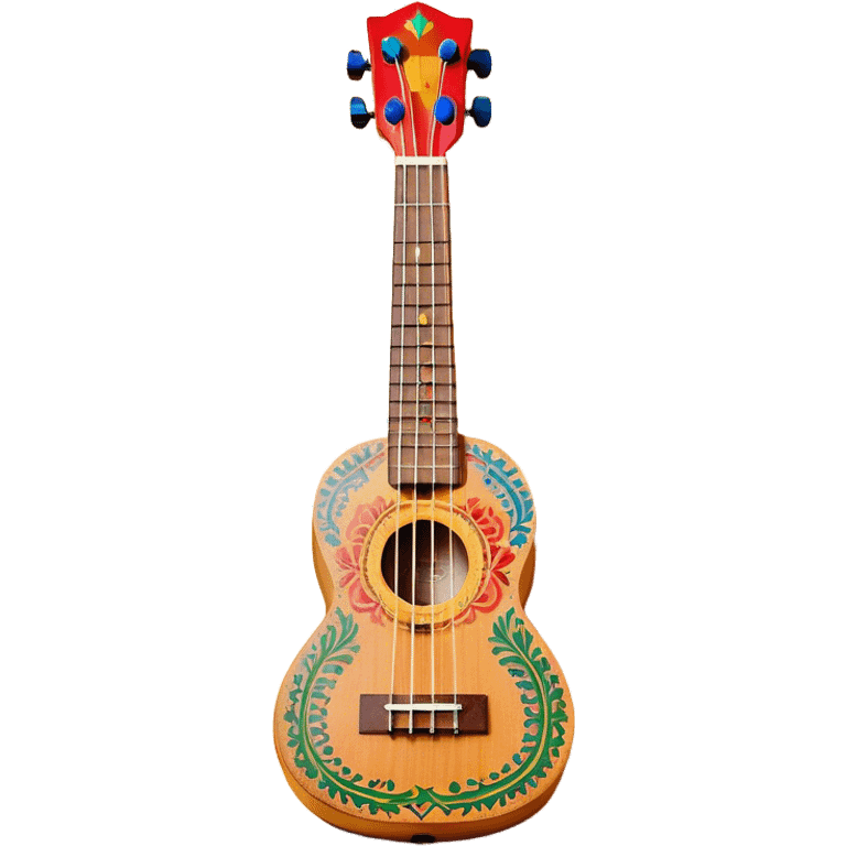 Create a vibrant and artistic emoji representing a ukulele with a Mexican design. The ukulele should feature a bright, colorful body with traditional Mexican patterns, such as geometric shapes, floral motifs, or colorful stripes. Use rich, warm tones like red, yellow, green, and blue to give the instrument a lively, festive look. Highlight the wood grain of the ukulele’s neck and fingerboard, and add subtle details like decorative inlays or a small Mexican flag symbol on the body. The strings should be clearly visible, and the instrument should be in a slightly angled position to showcase its unique design. The background should be transparent. emoji