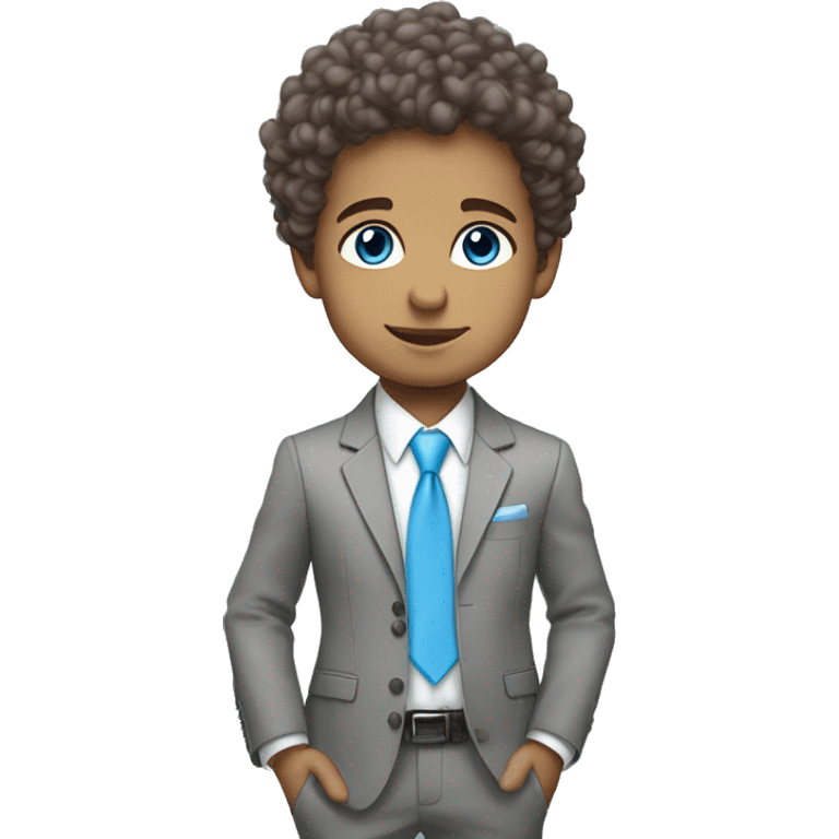 Little young  gentleman wearing a grey suit with white shirt and baby blue tie with blue eyes , white  skin and brown curly hair and full body . Wearing a watch  emoji