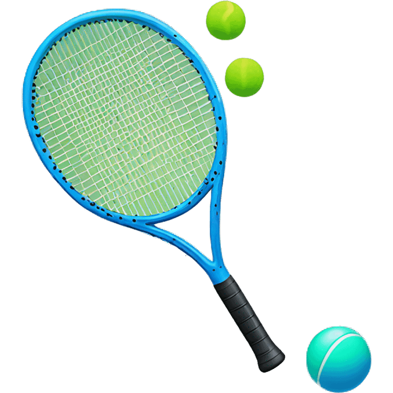 Blue racquet with blue handle an a small black ball with a green dot emoji