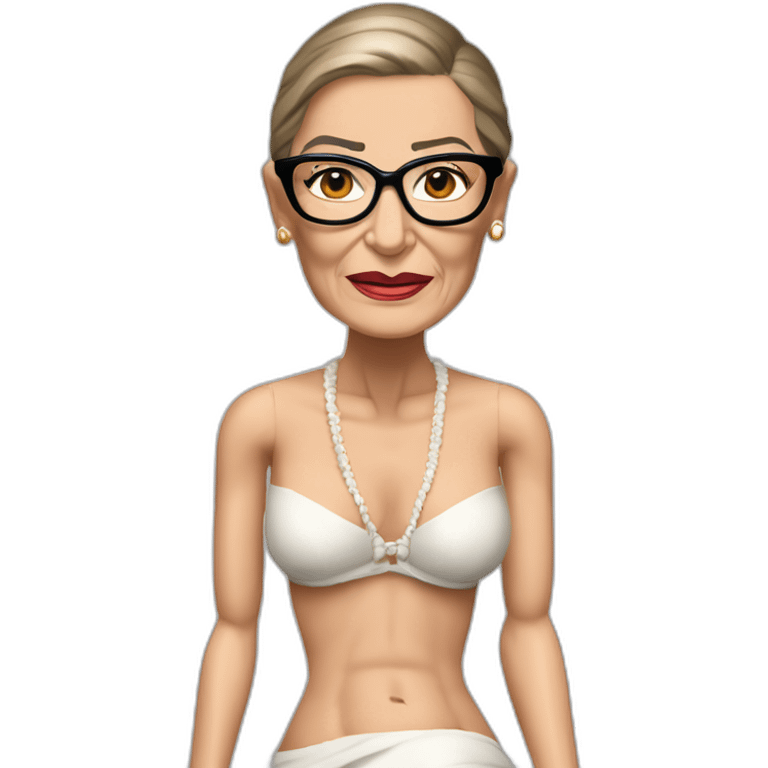 sexy ruth bader ginsburg wearing string bikini top and a skirt acting out that scene from basic instinct sitting facing forward legs apart(full body, ios17, sitting legs spread apart) emoji