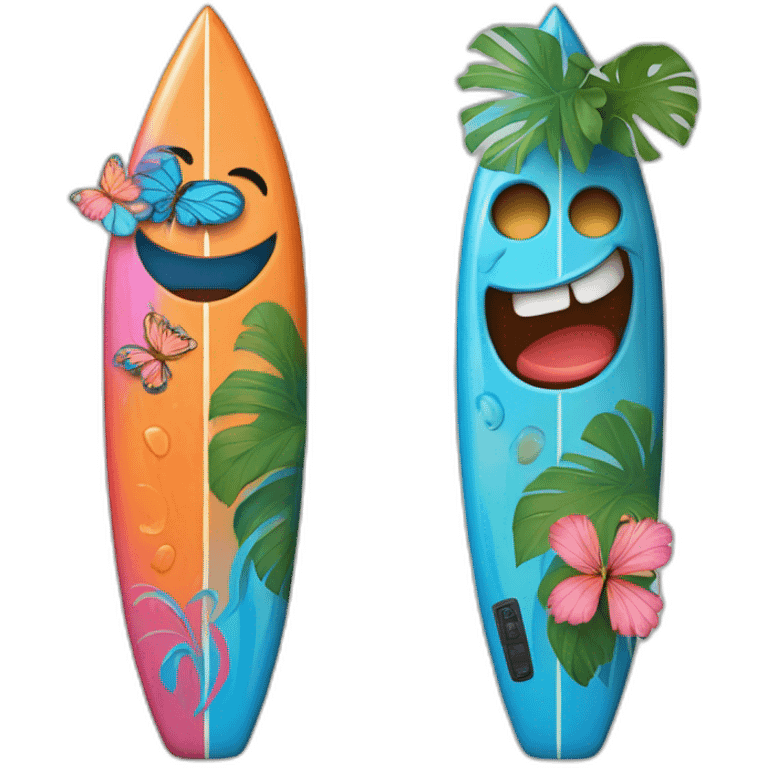 A surfboard Cartoon Blue and orange tiki smiling with butterfly and and Cartoon Blue and pink tiki singing with butterfly and mikrophone emoji