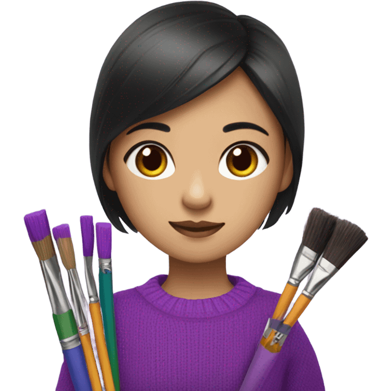 Half Asian girl in bright purple sweater holding paintbrushes and pencils emoji