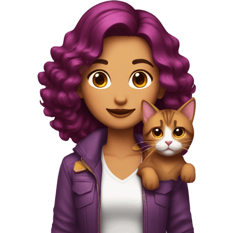 chica con pelo marron y mechas moradas con un gato emoji