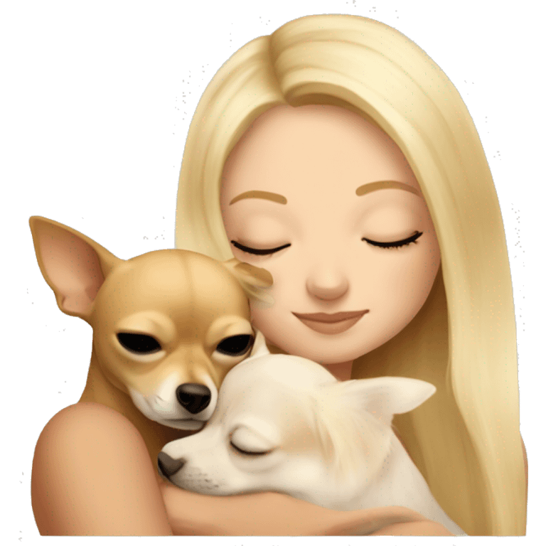 White Girl with long blonde hair napping with a tan chihuahua  emoji