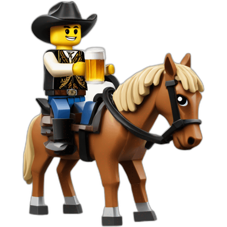 cool lego businessman cowboy on a horse drinking a beer emoji