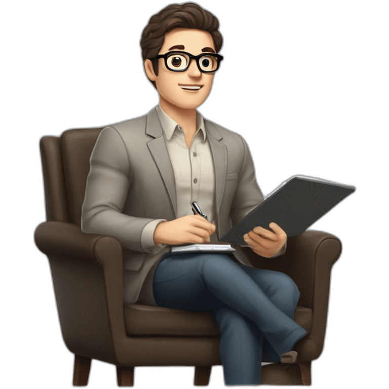 Pale skinned Fit Man With dark brown hair in gray jacket, beige office shirt and vintage glasses sitting In a soft chair with a notebook with emblem Ψ and a pen in his hands emoji