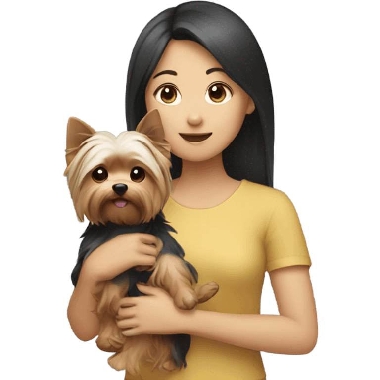 Asian girl holding Yorkshire terrier  emoji