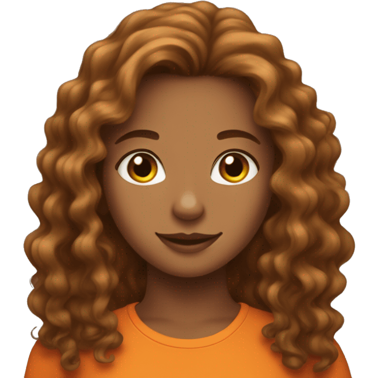 Tan Girl with long curly brunette hair with an orange cat emoji