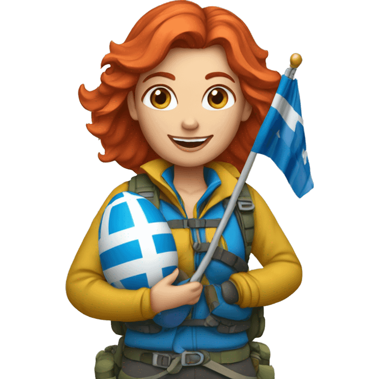 Female red hair mountaineer on mount everest holding greek flag and easter eggs basket emoji