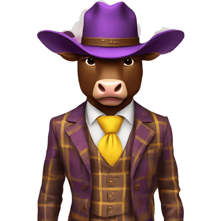 Brown bull with horns standing wearing brown cowboy hat 3 piece purple plaid suit with yellow tie and brown shoes  emoji