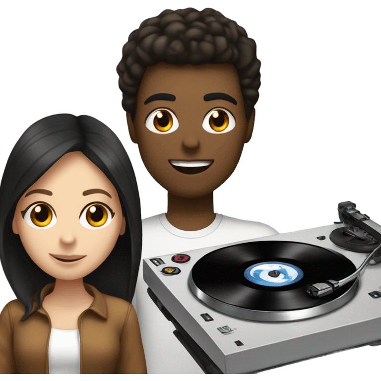 3 people: a white girl with dark hair, a brown girl, and a white guy behind DJ turntables together emoji