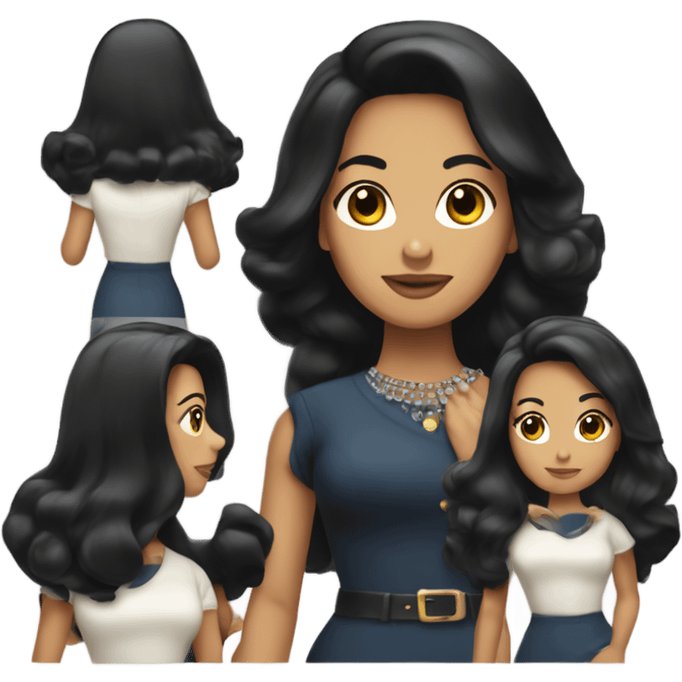 Tanned woman with long black hair wearing 1960s style outfit and hair emoji