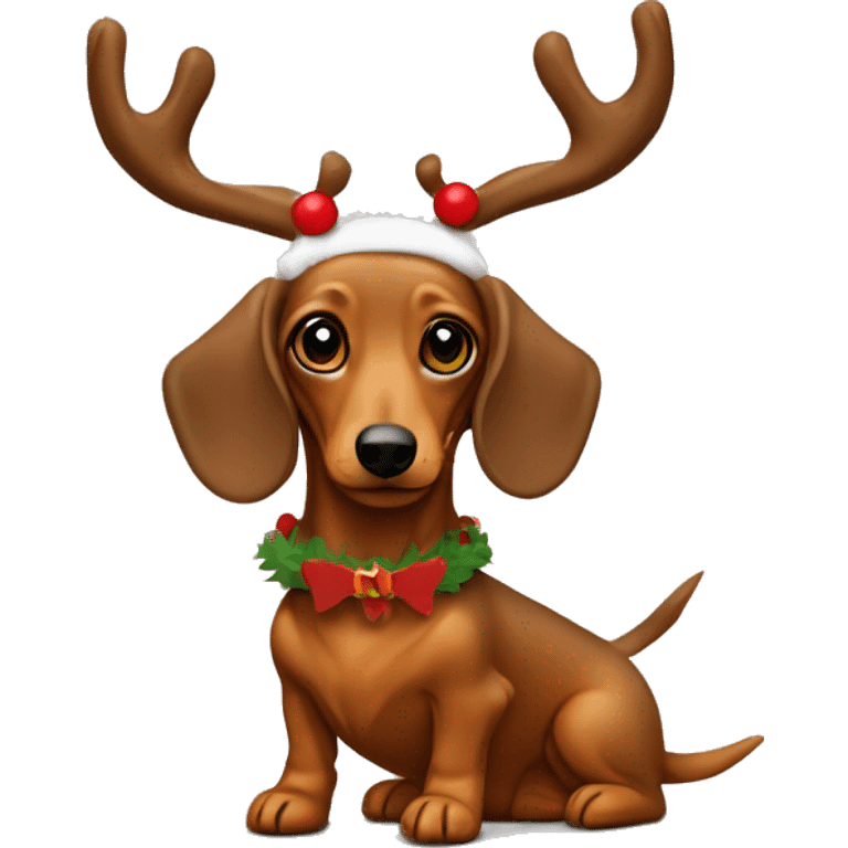 Mini long haired tan dachshund dressed like Rudolph emoji