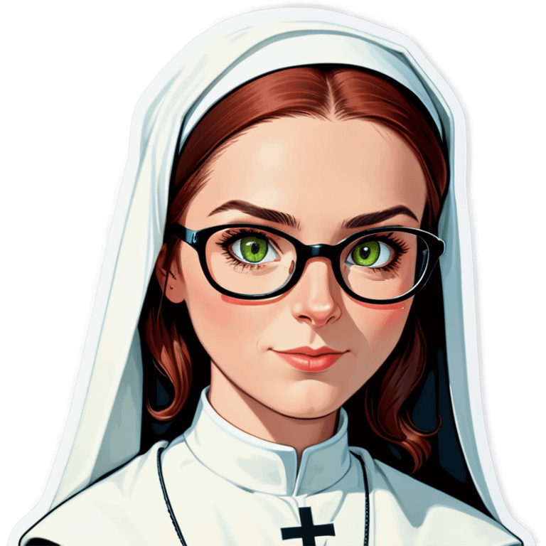 A beautiful nun with Auburn hair, green eyes wearing  glasses . Captions saying no. emoji