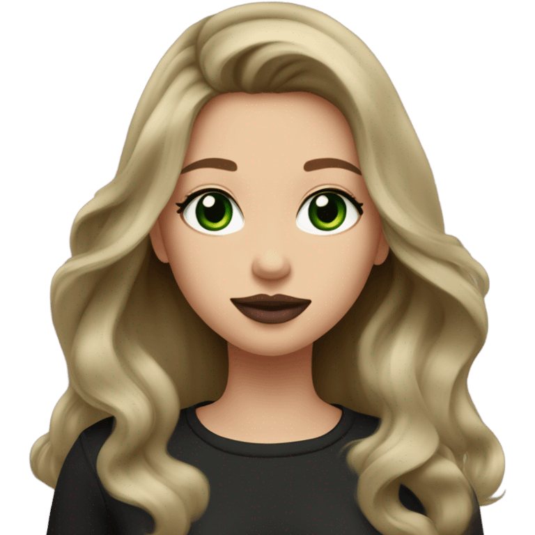 dark blonde balayage girl green eyes long hair mauve lips rosy cheeks black shirt emoji