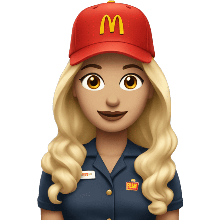 pretty makeup blonde girl wearing mcdonald’s uniform and hat emoji