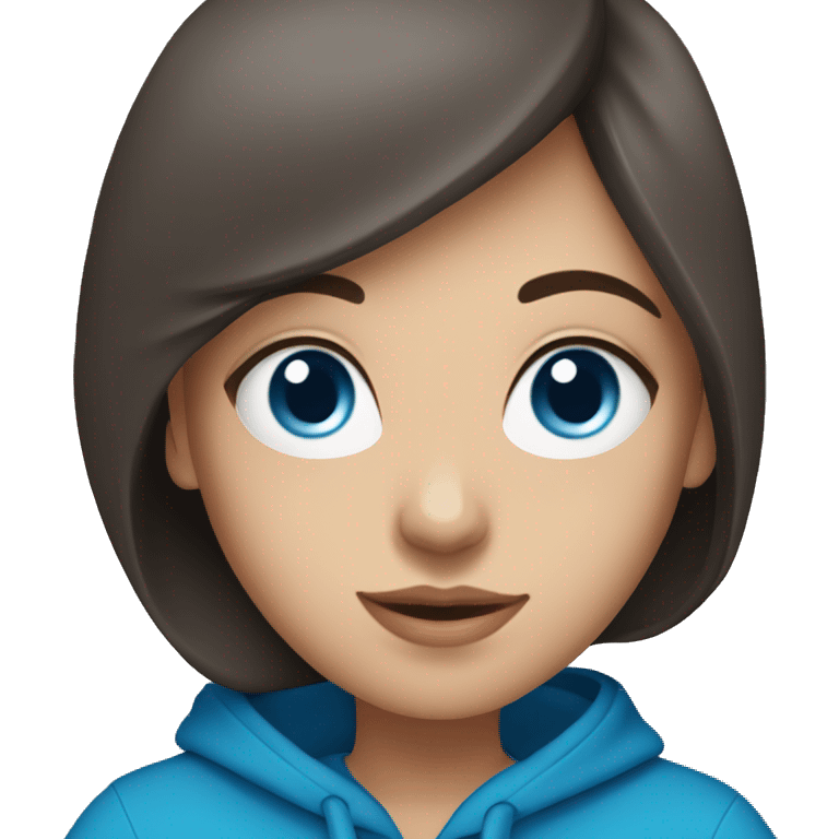 caucasian girl with dark brown hair and bright blue eyes wearing a blue hoodie drinking tea emoji