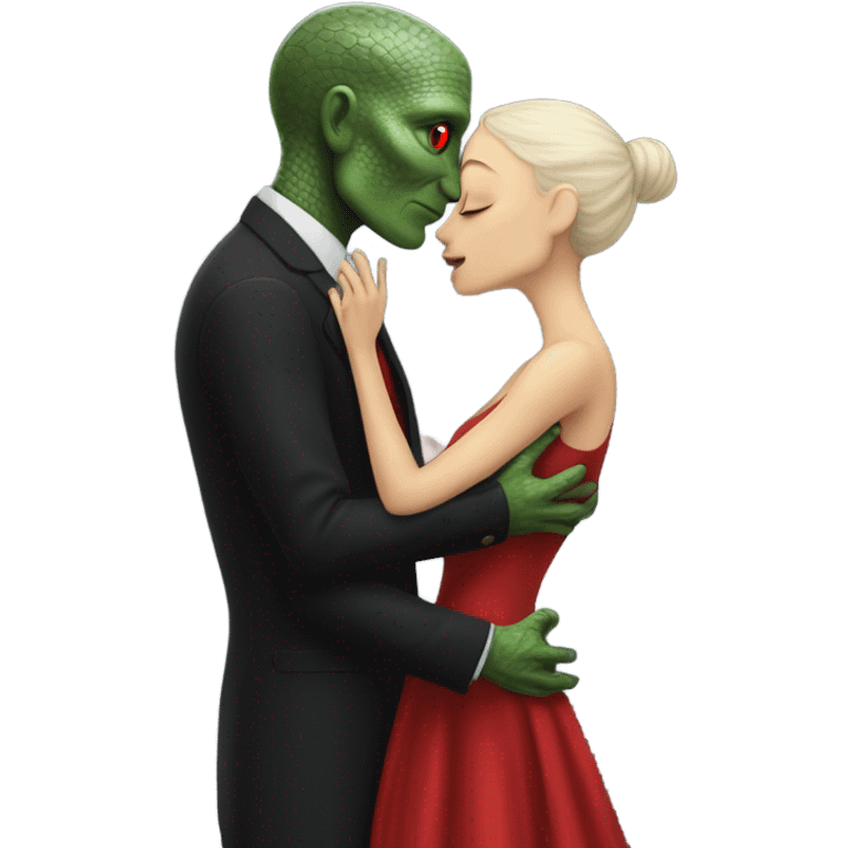 White man in black dress hugs and kissing Alien reptilian woman in red dress  emoji