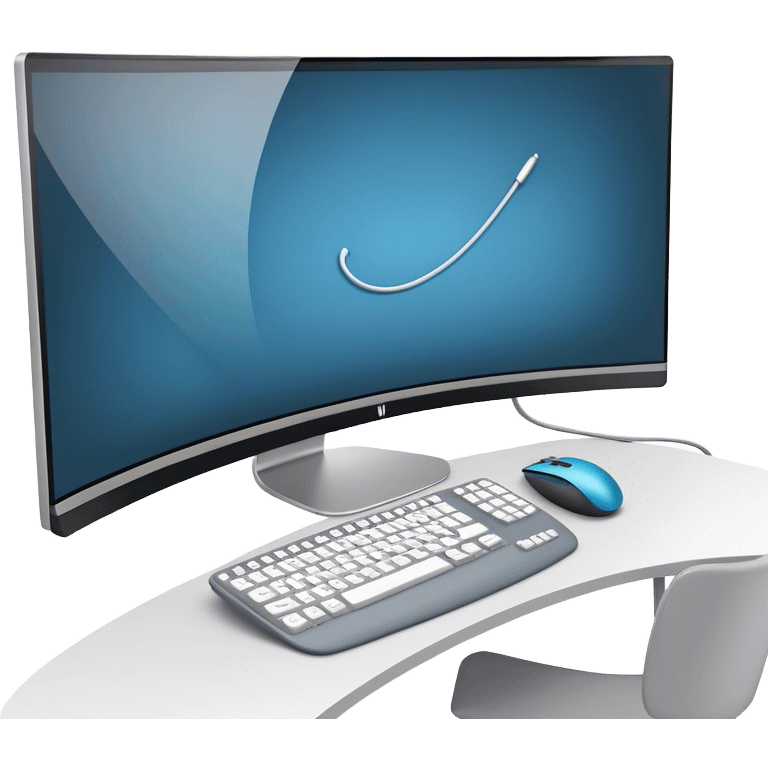 Create an emoji for UX/UI design. Show large curved monitor displaying windows with UX/UI design HTML program interface. Include a mouse, keyboard, and stylus next to the screens. Use modern, professional colors. Do not include any emojis or smiley faces. Make the background transparent. emoji