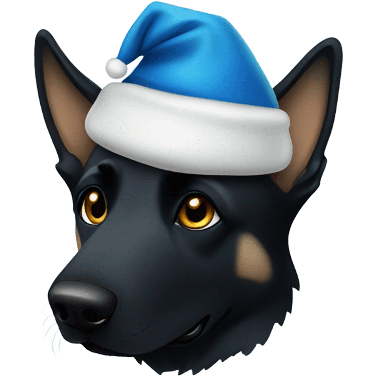 All black German shepherd with blue Santa hat emoji