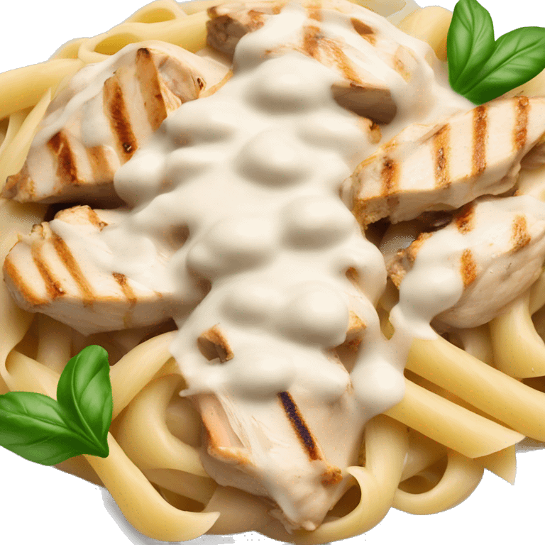 Chicken Alfredo pasta with white crème sauce and grilled chicken on top emoji