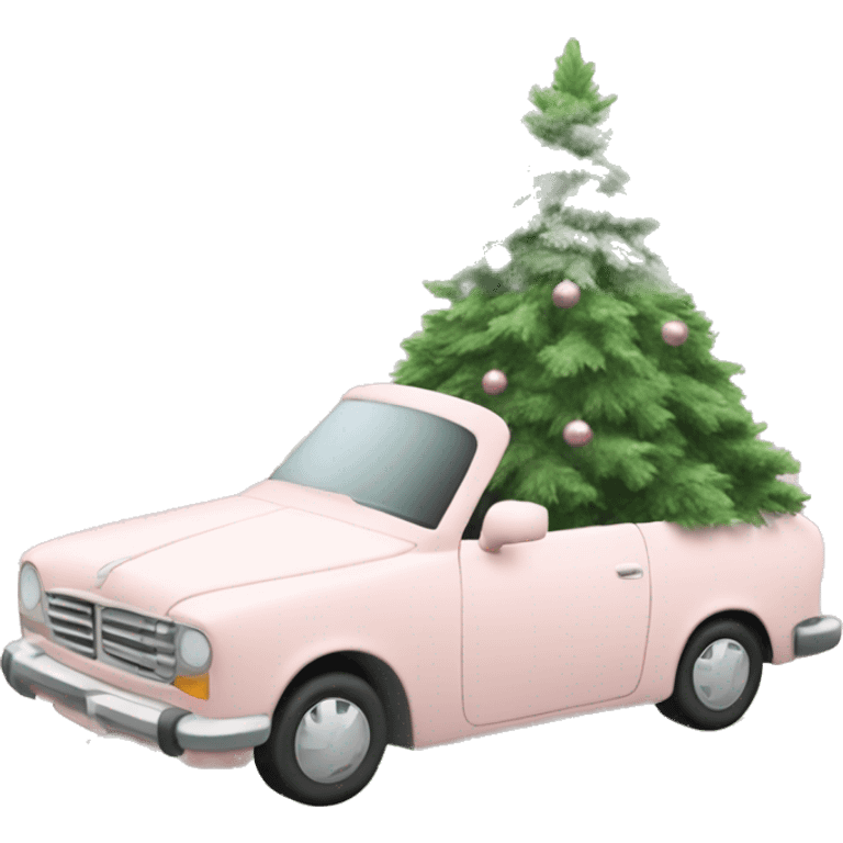 Pale Blush Pink car with a white bound christmas tree strapped to the top emoji