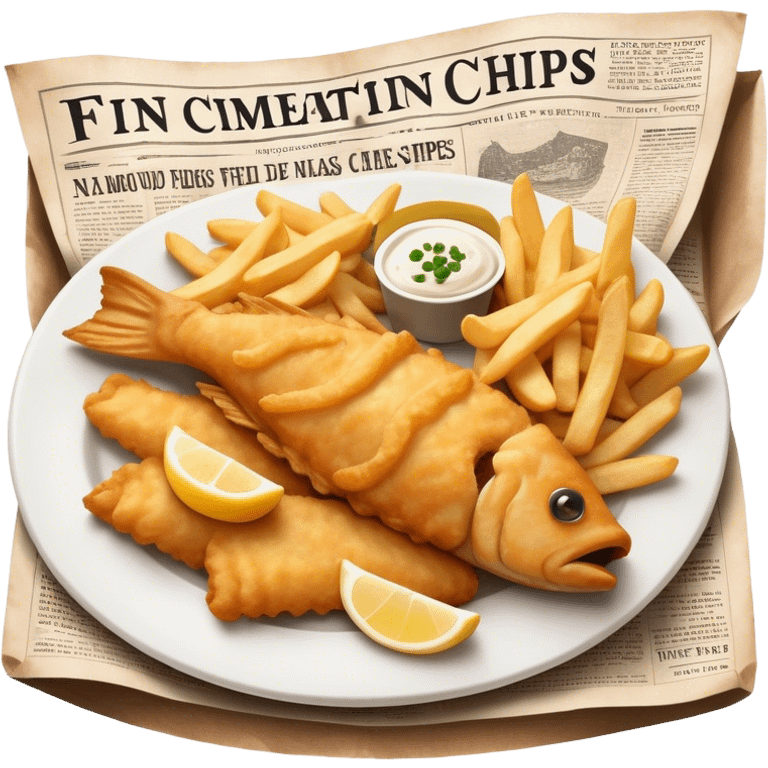 Cinematic Realistic Fish and Chips Dish Emoji, depicted with crispy golden battered fish and chunky hand‚Äêcut chips served in traditional newspaper wrapping, rendered with mouth‚Äêwatering texture and warm natural lighting that captures its quintessential British charm. emoji