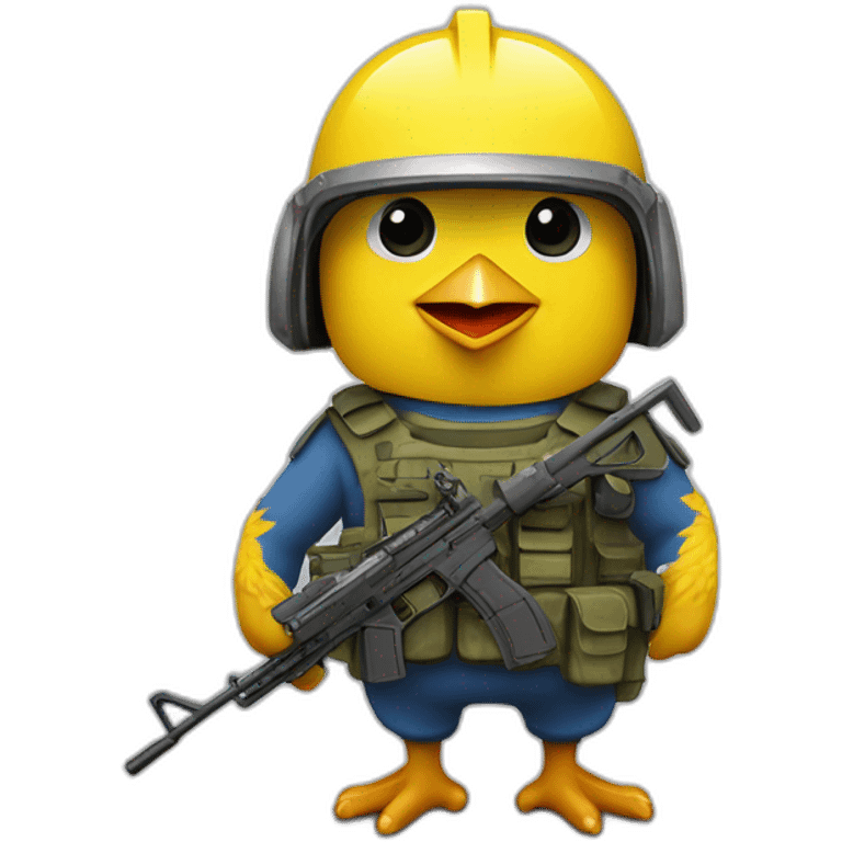 Un poussin jaune avec un casque militaire et une arme a feu et la drapeau français minion emoji