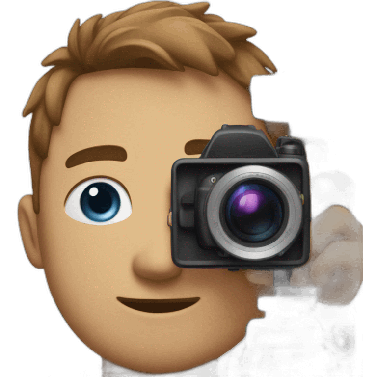 from the side man with camera, he was smiling and he have brown short hair, blue eyes and he was tall. up camera there is a text "dir by mlodyw"  emoji