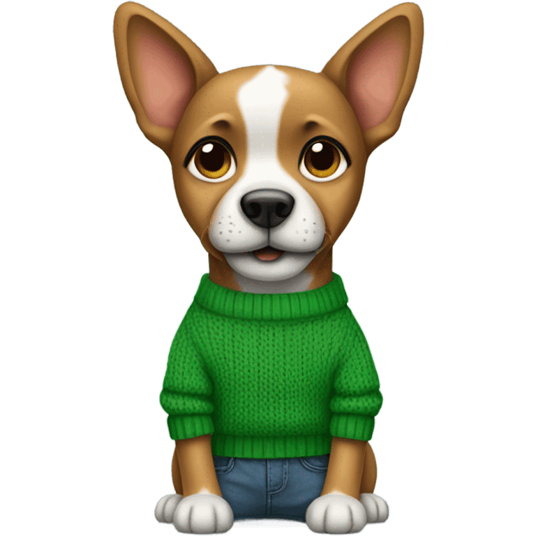 A dog wearing a green sweater with his hands in his jeans and red converse emoji