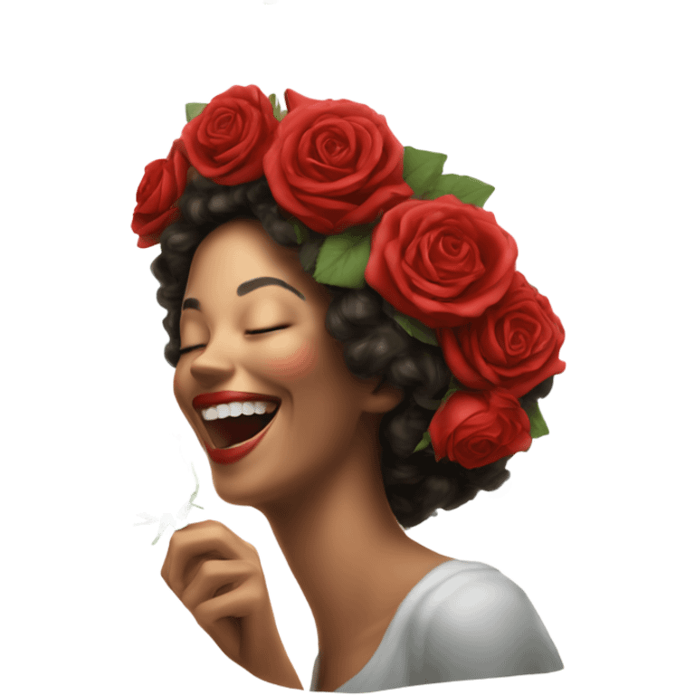 Hyper Realistic beautiful woman smells bouquet of bright red roses laughing  emoji