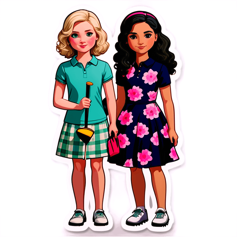  one  girl with short straight black hair and pale skin with golf clothes on, one American girl with long curly dirty blond hair and a floral dress on.  Both are friends emoji