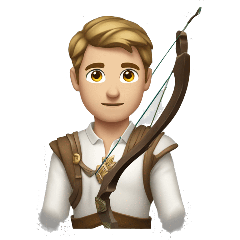 a male archer holding a bow, wearing a white shirt, very short brown hair, bright skin, only show upper part of the body from waist up emoji