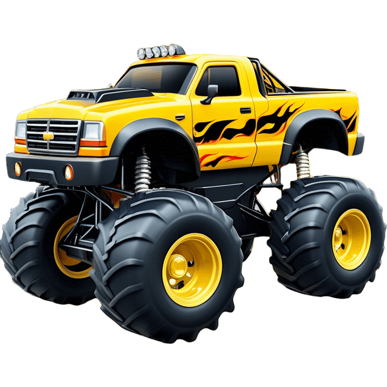 Maximum Destruction - Monster Jam (Model Year: 2021) (Iconic colour: Yellow with black flames) - A ferocious monster truck featuring a vivid yellow base accented by dramatic black flame patterns. Emphasize sharp, high-contrast flame streaks across the body, creating a look of aggressive, explosive energy. emoji