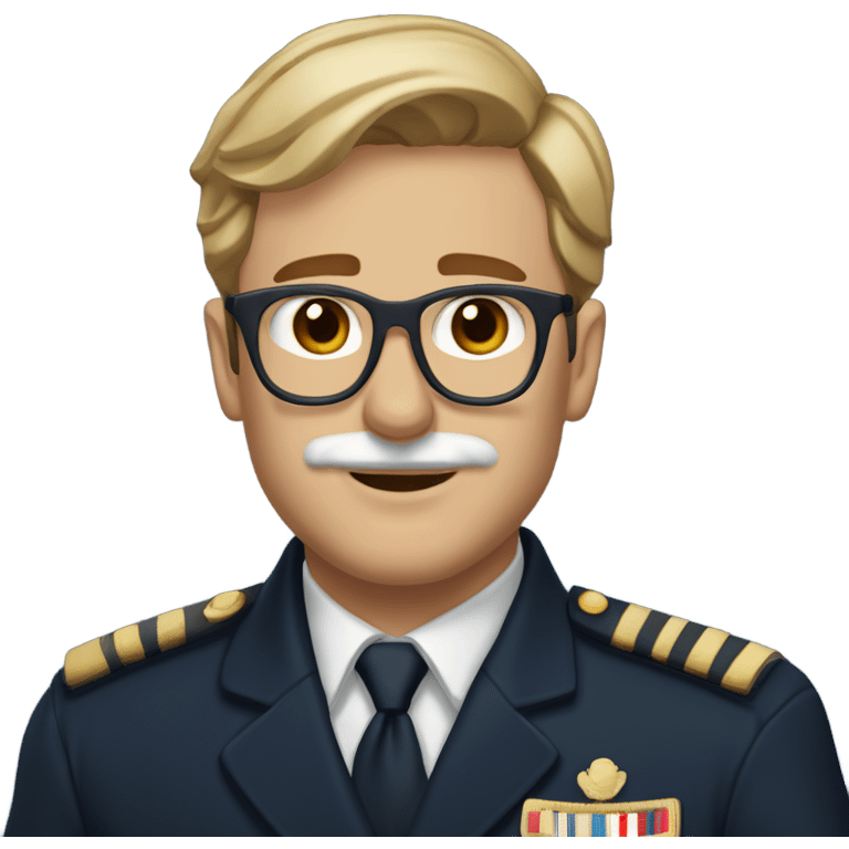 White, Light brown hair man with oval-shaped with tortoiseshell frames only at the top and a subtle gold bridge and a mustache in a navy uniform  emoji