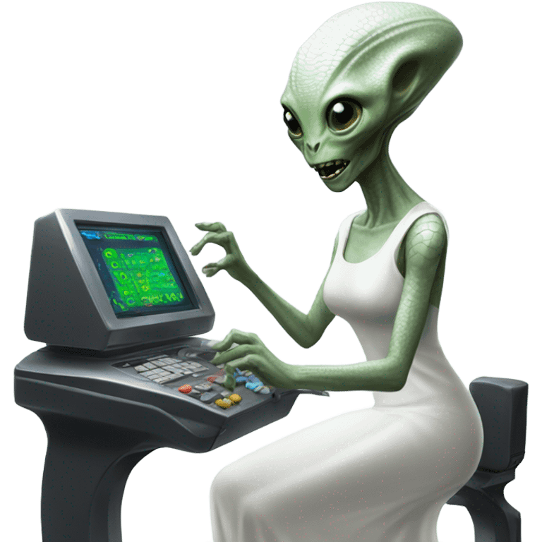  a Reptilian alien woman, in white dress, use a drive console emoji