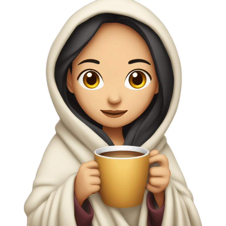 Asian girl wrapped in cozy blanket drinking coffee emoji