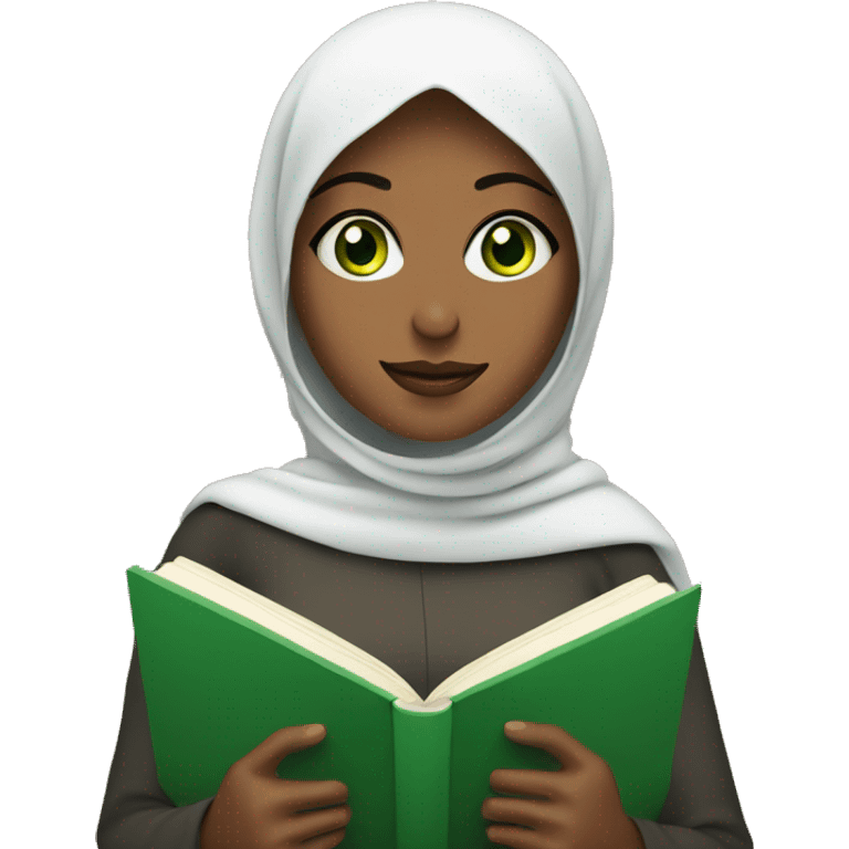 A covered Muslim woman with green eyes reads a book emoji