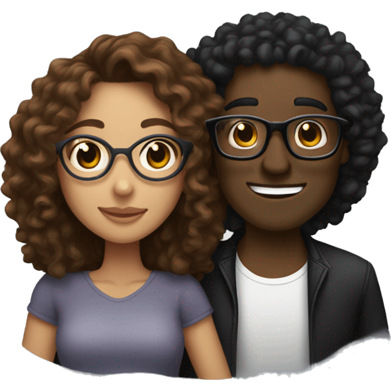 light skin woman with long brown curly hair and brown skin man with curly black hair and black circular glasses hugging emoji