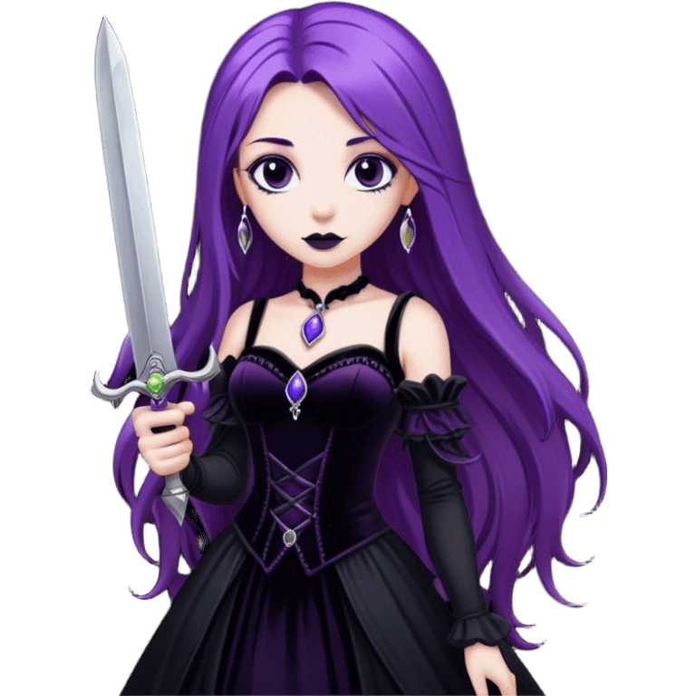 A gothic princess with long purple hair, in a black velvet dress, holding a silver dagger. emoji