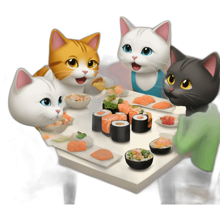 4 cats at a birthday party eating sushi emoji