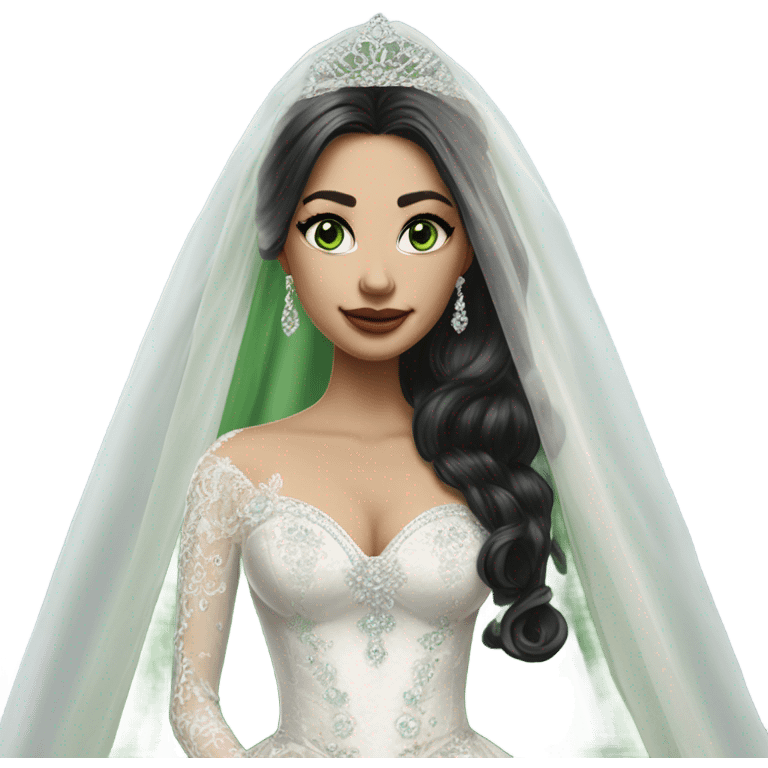 Hyper Realistic ornate ballgown long sleeve Wedding dress with diamanté on Russian bride with pale skin and green eyes and long black hair with veil hyper realistic  emoji