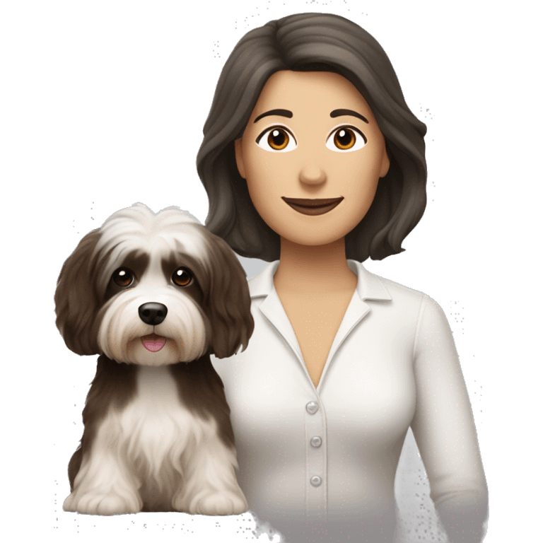 tan skinned middle aged woman with brown hair, with black and white havanese dog emoji