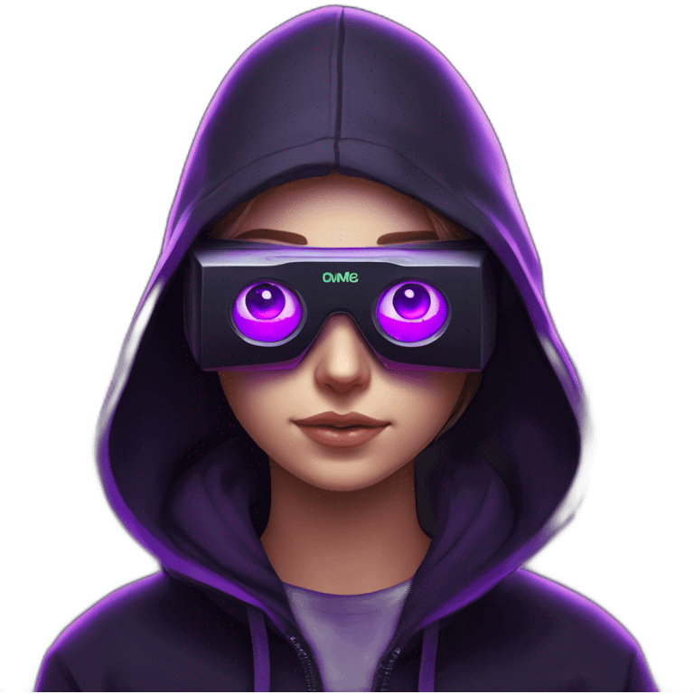 Russian student in the black hoody with violet letters "OMG" on it, wearing vr headset. Cyberpunk style. Violet neon. emoji