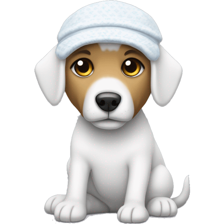 Un perro de peluche blanco con un pijama y un gorro blanco y muy delgado emoji