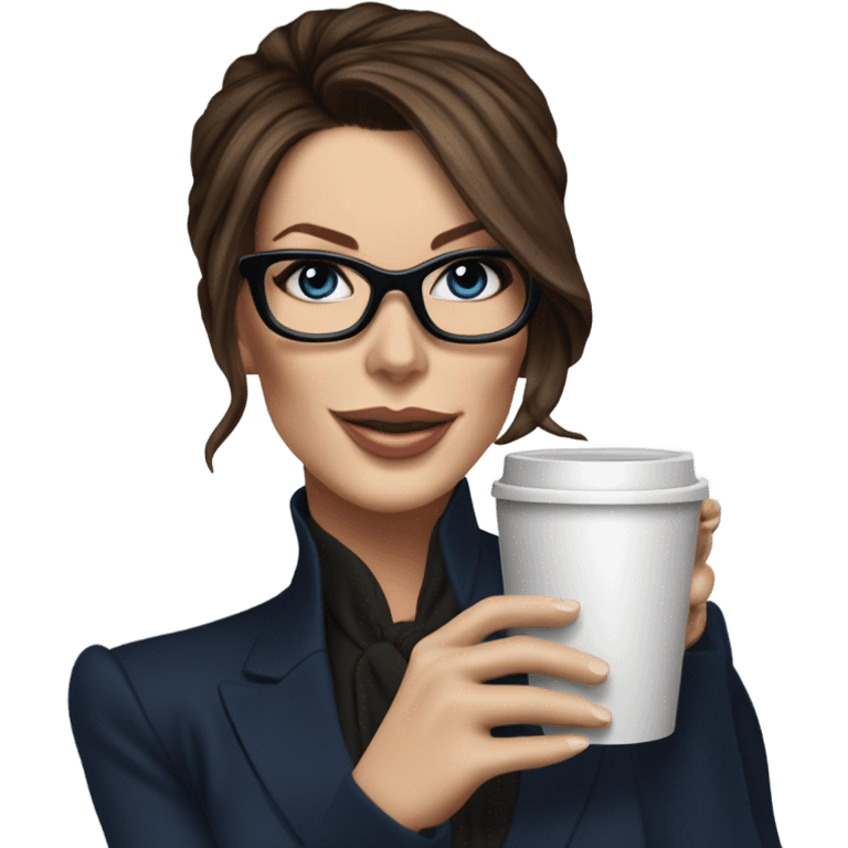 Hyper Realistic Kate Beckinsale dark blue eyes wearing glasses in a business dress drinking coffee happy  emoji